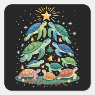 Sticker Carré Cadeau drôle de tortue de Noël Tortue sapin de Noë