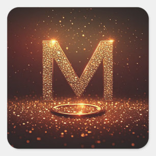 Sticker Carré Cadeau Monogramme Lettre M Paillettes Dorées
