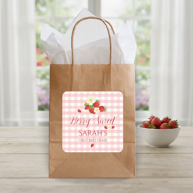 Sticker Carré Cadeau parfum fraise très sucré 1er anniversaire (Berry Sweet Strawberry Favor Gift 1st Birthday Square Sticker)