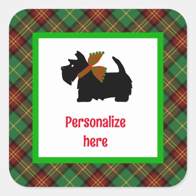 Sticker Carré Cadeau personnalisé Scotty Dog Plaid (Devant)