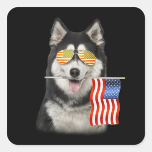 Sticker Carré cadeau pour chien   Husky American Flag Cadfts