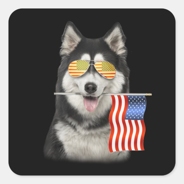 Sticker Carré cadeau pour chien | Husky American Flag Cadfts (Devant)