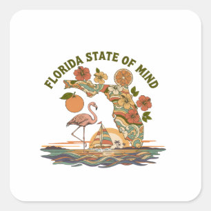 Sticker Carré Cadeau Rétro de Floride État d'Esprit Flamant Rose