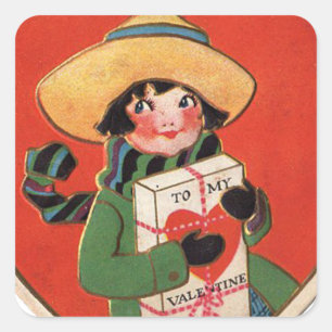 Sticker Carré Cadeau vintage pour fille Valentine Coeur