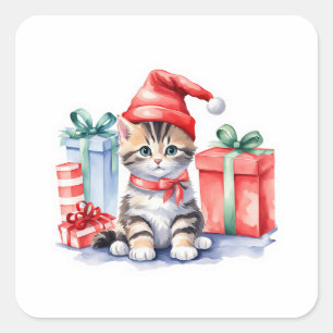 Sticker Carré Cadeaux Brown Tabby Père Noël Kitten