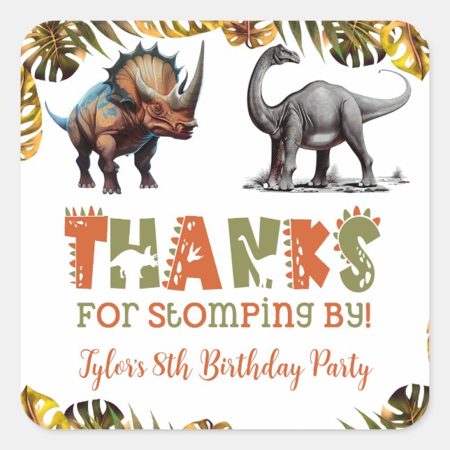 Sticker Carré Cadeaux de fête d'anniversaire de dinosaure (Devant)