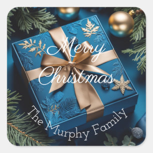 Sticker Carré Cadeaux de Noël Deep Ice Blue et Or