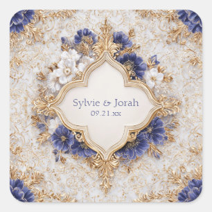 Sticker Carré Cadre à quatre feuilles en or Bleu indigo Fleur bl