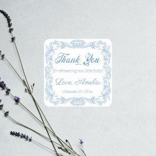 Sticker Carré Cadre Baby Shower Baroque Bleu Poussiéreux Élégant