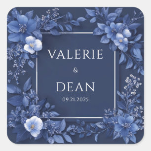 Sticker Carré Cadre Carré Moderne Fleur Bleu Marine Monochrome
