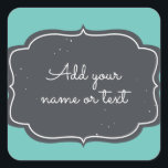 Sticker Carré Cadre Chalkboard moderne Aqua personnalisable<br><div class="desc">Cadre central en damier moderne personnalisable sur aqua arrière - plan. Ajoutez votre propre message dans une police blanche. Ces travaux sont très utiles pour les mariages informels,  les mariés et les baby showers,  ou même vos propres produits artisanaux.</div>
