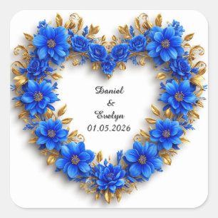 Sticker Carré Cadre de cœur floral orné de mariage Fleurs bleues
