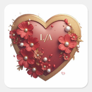 Sticker Carré 💙Cadre de cœur floral rouge romantique Cadeaux de