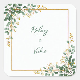 Sticker Carré Cadre de mariage Baie dorée Eucalyptus émeraude