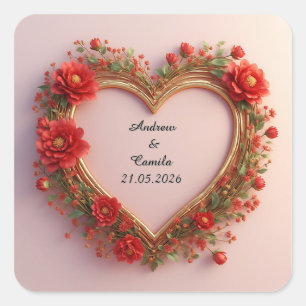 Sticker Carré Cadre de mariage Cœur Doré