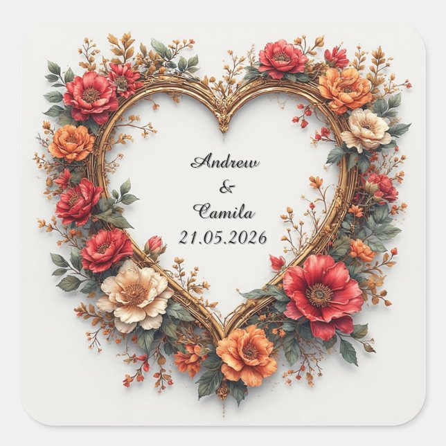 Sticker Carré Cadre de mariage Cœur Doré (Devant)