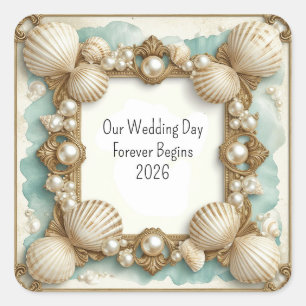 Sticker Carré Cadre de mariage côtier avec coquillages et perles