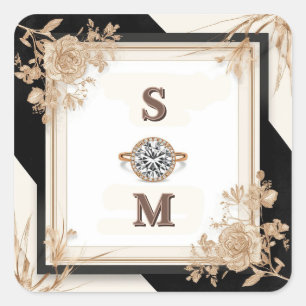 Sticker Carré Cadre de mariage en or et ivoire avec ornement élé