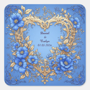 Sticker Carré Cadre de mariage orné floral à coeur fleurs bleues