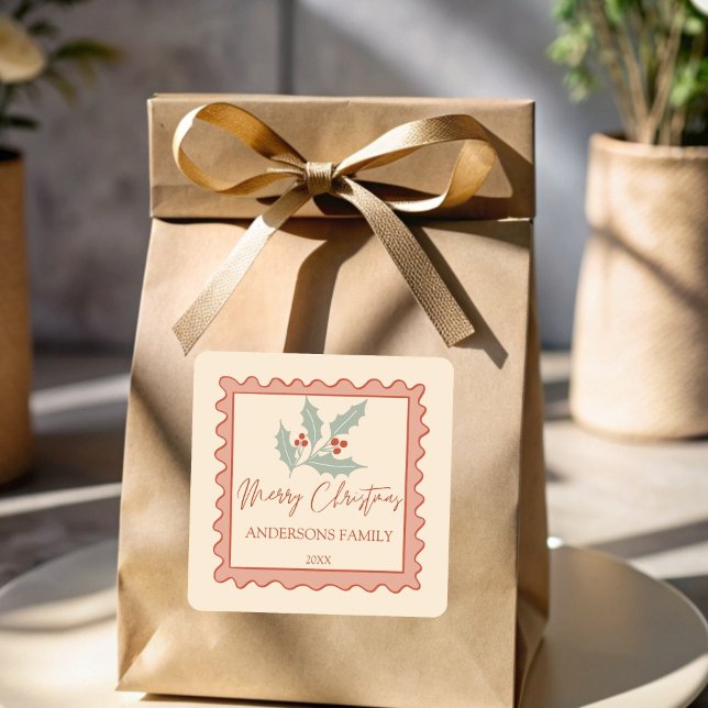 Sticker Carré Cadre de timbre post rétro rouge joyeux Noël (Red retro post stamp frame merry Christmas personalized Stickers)