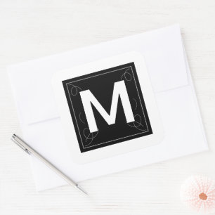 Sticker Carré Cadre et Monogramme Fleurissant Lettre M sur Fond 