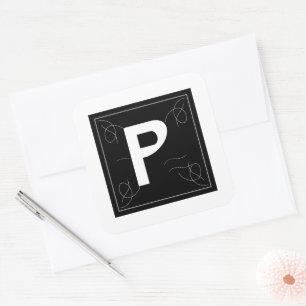 Sticker Carré Cadre et Monogramme Flourissant Lettre P sur Fond 