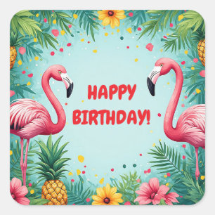 Sticker Carré 🌺 Cadre Flamant Tropical Avec Ananas Et Hibi