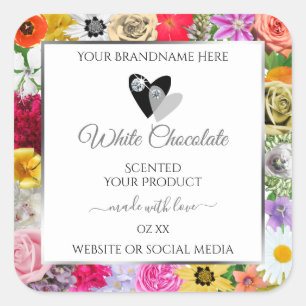 Sticker Carré Cadre Fleurs colorées Blanc Produit Coeurs Étiquet