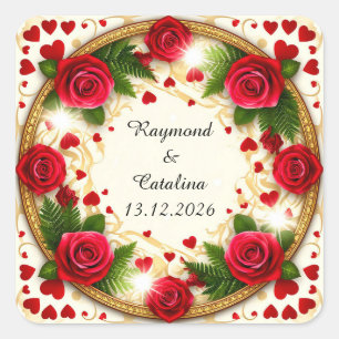 Sticker Carré Cadre floral avec roses rouges
