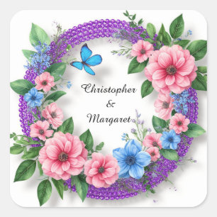 Sticker Carré Cadre floral de mariage avec des fleurs colorées