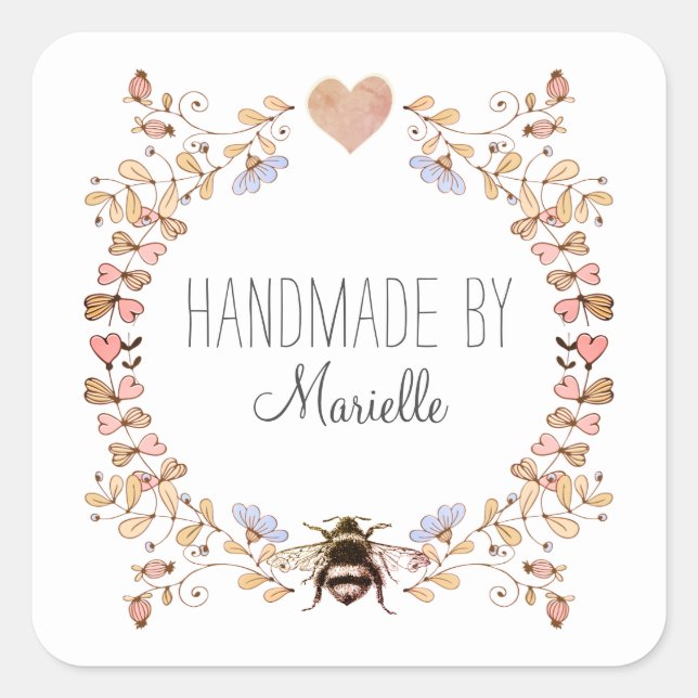 Sticker Carré Cadre Floral rose fait main personnalisée (Devant)