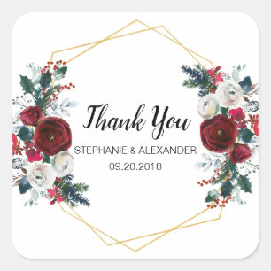 Sticker Carré Cadre géométrique Or Bourgogne Fleurs d'hiver