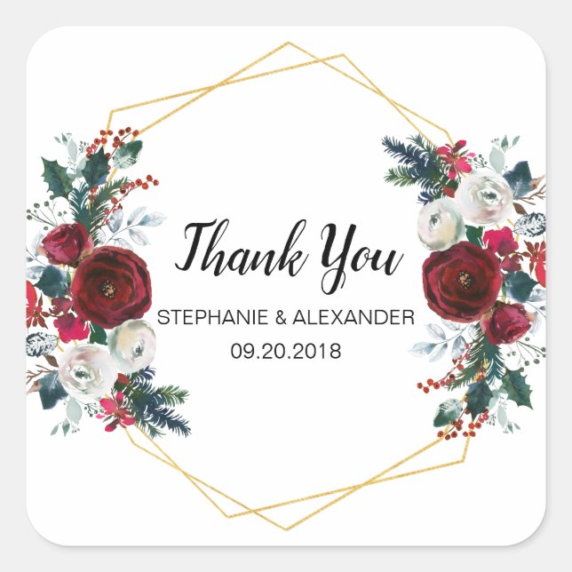 Sticker Carré Cadre géométrique Or Bourgogne Fleurs d'hiver (Devant)