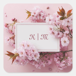 Sticker Carré Cadre Mariage Rose Doré Fleur de Cerisier Rose Cla