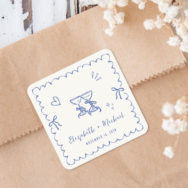 Sticker Carré Cadre ondulé bleu capricieux Crème Mariage (Whimsical Blue Wavy Frame Cream Wedding Square Sticker)