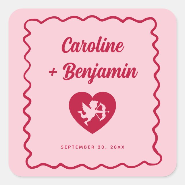 Sticker Carré Cadre ondulé rétro rouge rose Cupidon cœur mariage (Devant)