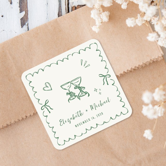 Sticker Carré Cadre ondulé vert fantaisie Crème Mariage (Whimsical Green Wavy Frame Cream Wedding Square Sticker)