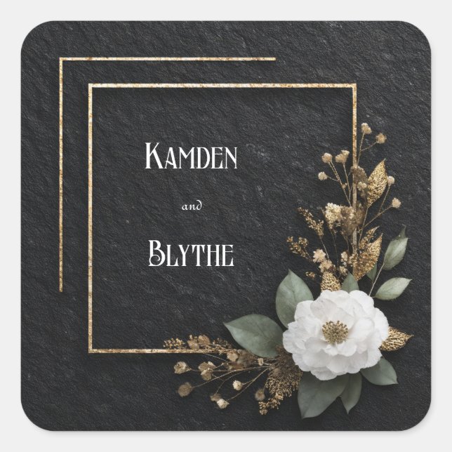 Sticker Carré Cadre Or et Mariage Camellia Blanc (Devant)