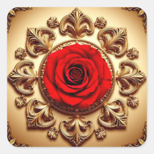 Sticker Carré Cadre Orné de Rose Rouge 🌹 Élégance Florale Vinta