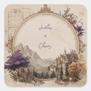Sticker Carré Cadre ovale doré Château Montagne Mariage Fantasti