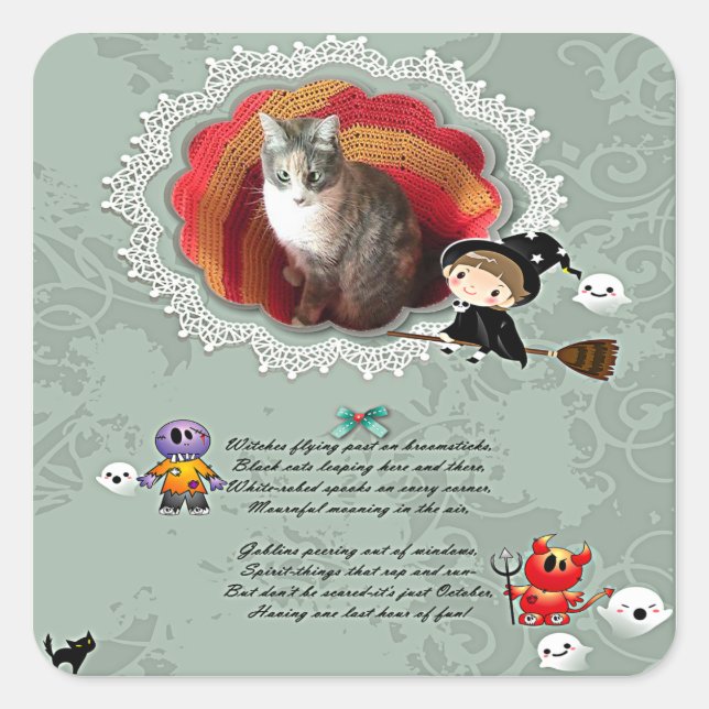 Sticker Carré Cadre photo avec Sorcière, Monstres, Fantôme, Chat (Devant)