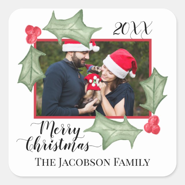 Sticker Carré Cadre photo de feuilles de houx festives Joyeux No (Devant)