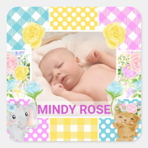 Sticker Carré Cadre photo floral et à carreaux nouveau-né bébé