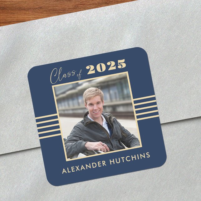 Sticker Carré Cadre photo Gold Marine 2025 Diplômé (Créateur téléchargé)