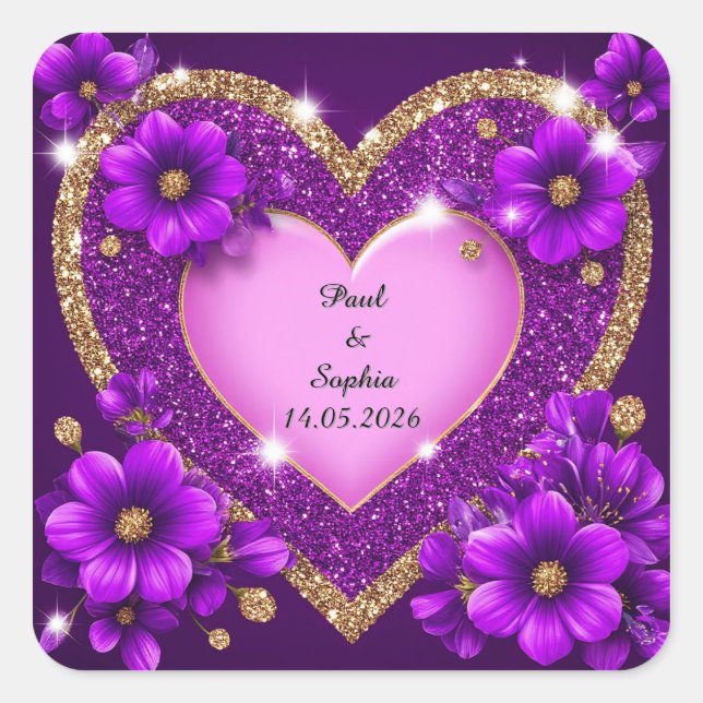 Sticker Carré Cadre Purple Heart avec paillettes et fleurs (Devant)