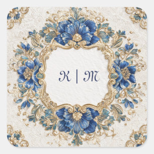 Sticker Carré Cadre Rond Floral Baroque Bleu Royal Or Opulent