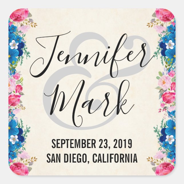 Sticker Carré Cadre rose et bleu Fleur Mariage élégant (Devant)
