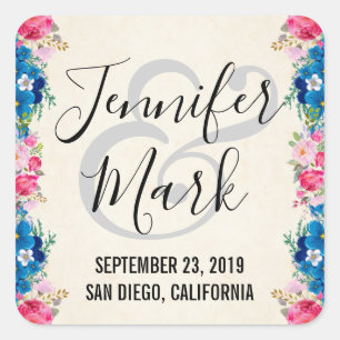 Sticker Carré Cadre rose et bleu Fleur Mariage élégant