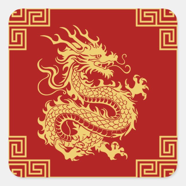 Sticker Carré Cadres d'ornement grec Motif de dragon d'or rouge (Devant)