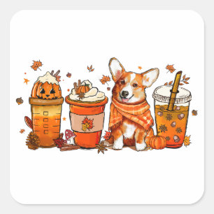 Sticker Carré Café d'automne avec Corgi Citrouille Spice Latte A